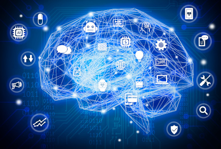 Machine learning , artificial intelligence , ai , deep learning and future concept. Wireframe Brain connect with circuit electronic graphic , binary code and technology icons background.Blue tone digitalisationde l'industrie - industry digitalization